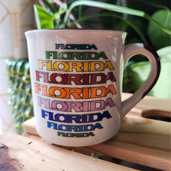 Vintage Florida Mug Stoneware Speckle Glaze Neutral Rainbow - Picture 1 of 9